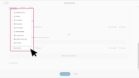 Creating a survey, the cursor has opened the questions dropdown to reveal the full list of questions that can be added, including multiple choice, checkbox, file upload.